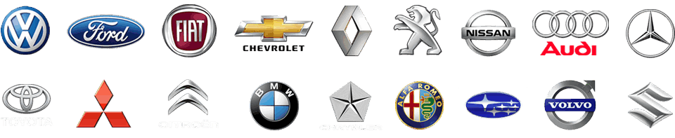 Volkswagen, Ford, Fiat, Chevrolet, Renault, Peugeot, Nissan, Audi, Mercedes, Toyota, Mitsubishi, Citroën, BMW, Chrysler, Alfa Romeo, Subaru, Volvo e Suzuki